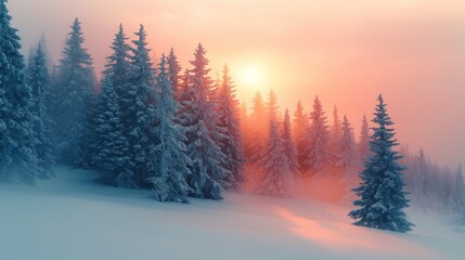 A serene winter landscape at sunset, with snow-covered trees and a colorful sky.