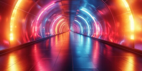 Futuristic Geometric Tunnel Reflective Glass Rainbow Colors Ambient Lighting Depth Perspective Modern Art