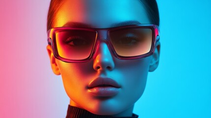 Portrait of a woman with neon lighting and bold makeup