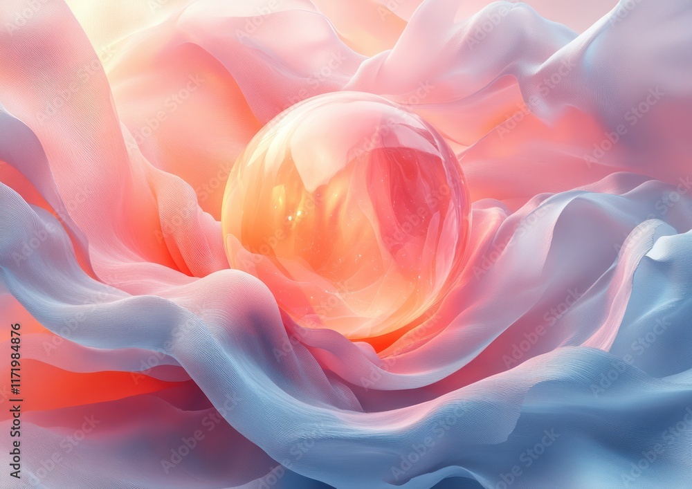 Poster surreal 3d render of a floating orb with ethereal ribbons in soft pastel colors
