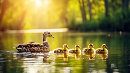 Fototapeta premium A mother duck swims with her ducklings in a serene pond, surrounded by lush greenery.