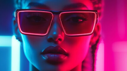 Close-up of bold red sunglasses with glowing neon light reflection