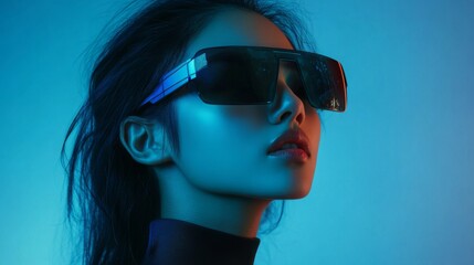 Naklejka premium Close-up of reflective sunglasses under vibrant neon lighting