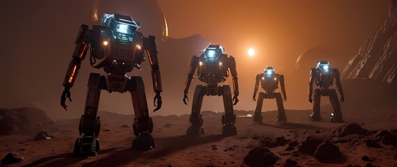 Mars exploration graphics depicting robots constructing habitats for human colonization