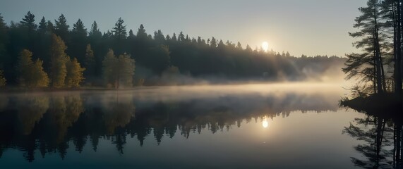 Fototapeta premium Misty morning on a lake reflecting the surrounding trees creating a beautiful scene