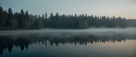 Fototapeta premium Misty morning on a lake reflecting the surrounding trees creating a beautiful scene