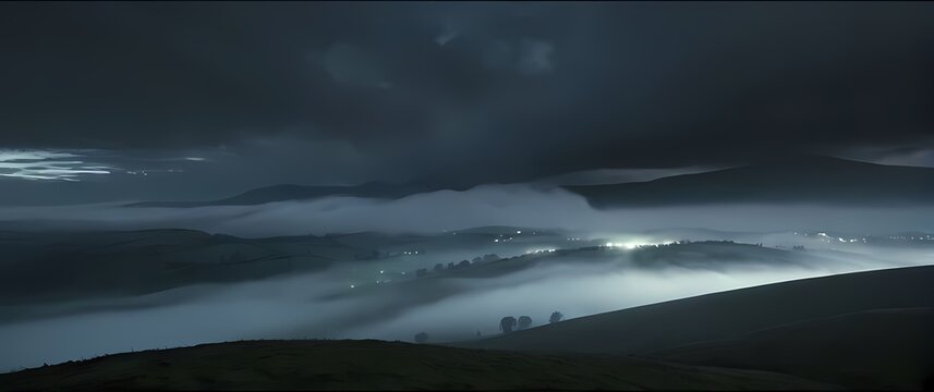 Misty landscape with rolling hills shrouded in clouds creating mystery