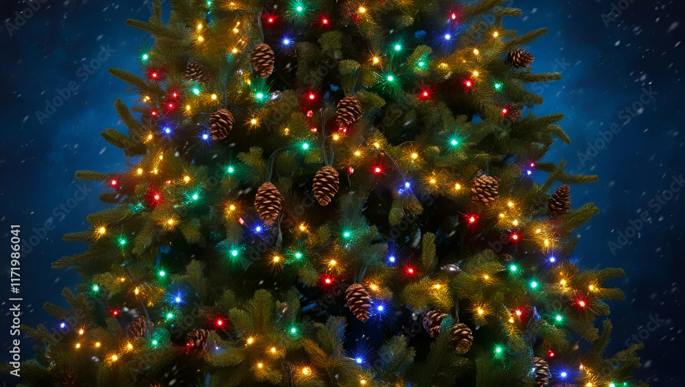 Poster a festive christmas tree illuminated by vibrant lights in an array of colors, framed by a dark backg