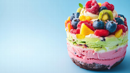 bright and cheerful ice cream cake topped with fresh summer fruits like raspberries, blueberries, and kiwi, perfect for celebrations and warm days