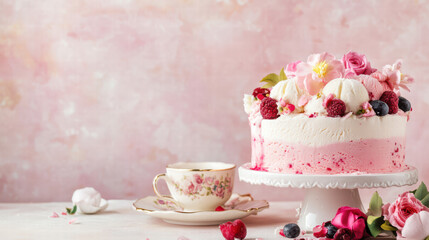Naklejka premium charming ice cream cake adorned with flowers and berries, perfect for vintage tea party. soft pink background enhances delightful presentation