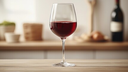 A glass of red wine sits elegantly on a wooden table in a cozy kitchen setting.