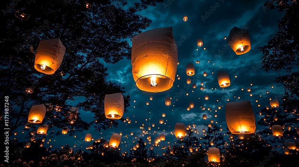 Poster numerous glowing sky lanterns ascend into a twilight sky, creating a magical, ethereal atmosphere.