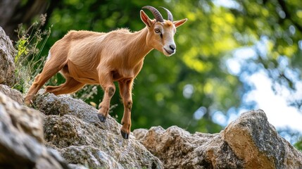 A nimble goat leaps across rocky terrain in a lush, green environment.
