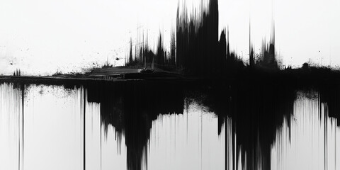 A high-contrast monochromatic abstract piece featuring intense static noise, sharp black-and-white glitch patterns, and bold geometric shapes emerging from the grain. The artwork combines minimalist e