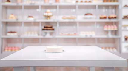 White Table with Cake and Blurred Bakery Display