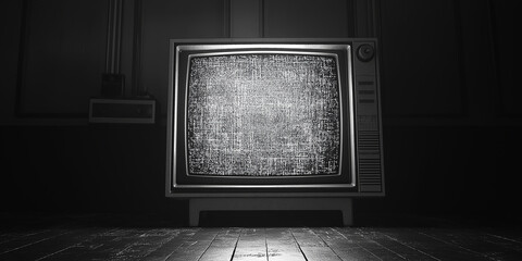 A vintage TV screen showing static noise with black and white glitchy patterns. The image features a grainy texture, retro aesthetic, glowing edges, and slight distortion, all set against a dimly lit 