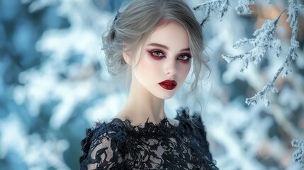 A gothic vampire queen with stunning dark makeup stares seductively into the camera, her pale skin contrasting with her crimson lips and piercing eyes