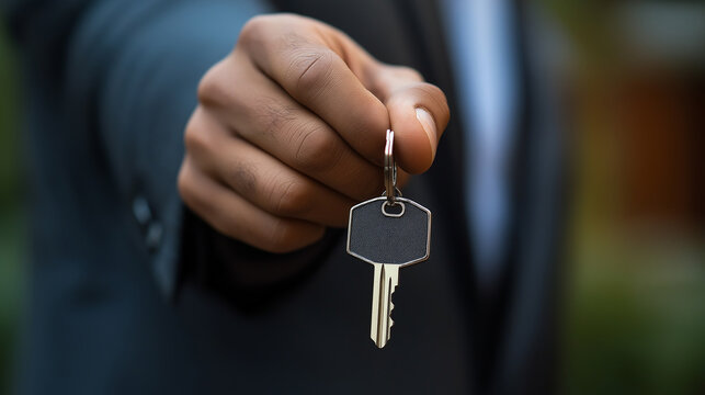 A close-up shot of a real estate agent holding a key out to a potential buyer, with bright daylight highlighting the scene. The key, brochure, and clean background are all captured with sharp, clear d - Powered by Adobe