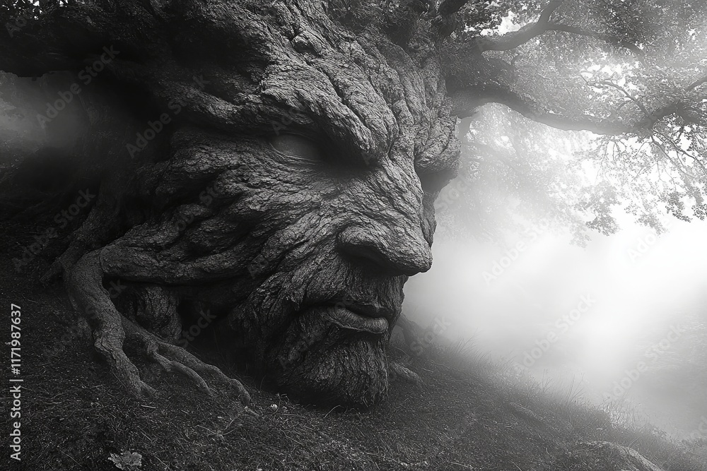Aufkleber mystical tree with a human face surrounded by fog in an enchanted forest at dawn. generative ai