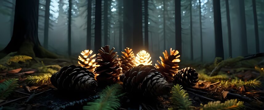 Pine cones scattered on the forest floor evidencing the beauty of natures cycles