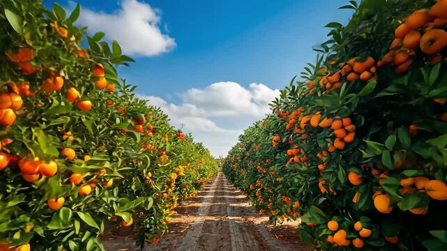 Rows of orange trees, full of ripe citrus fruits.