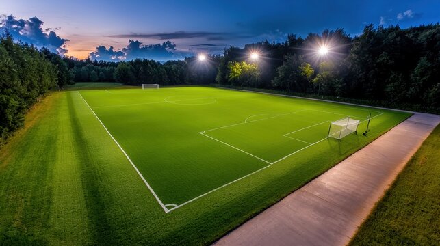 The green soccer field was illuminated by the bright spotlights, casting a warm and inviting glow that beckoned players to step onto the lush, immaculately manicured surface.