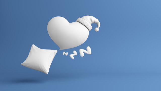 White pillow with heart and woolen hat bedroom time snooze dream night morning sleep and drowsiness on blue background. Deep and happy sleep. Copy space. Object with clipping path. 3D Illustration.