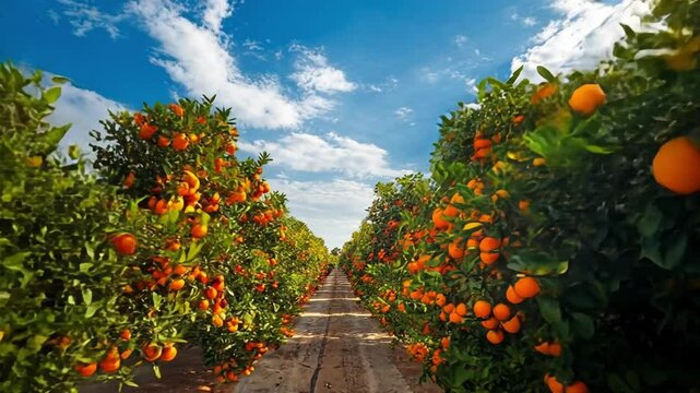 Rows of orange trees, full of ripe citrus fruits.