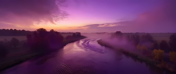 Rich hues of purple and gold in a stunning sunset over a river