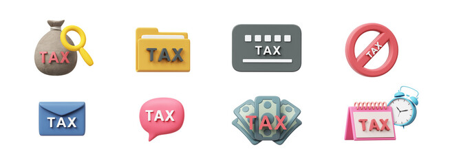 3D icon object set money bag, file folder, credit card, banknote. Tax payment or Tax Evasion legal of financial income tax. The word tax on object. PNG file. 3D Illustration.
