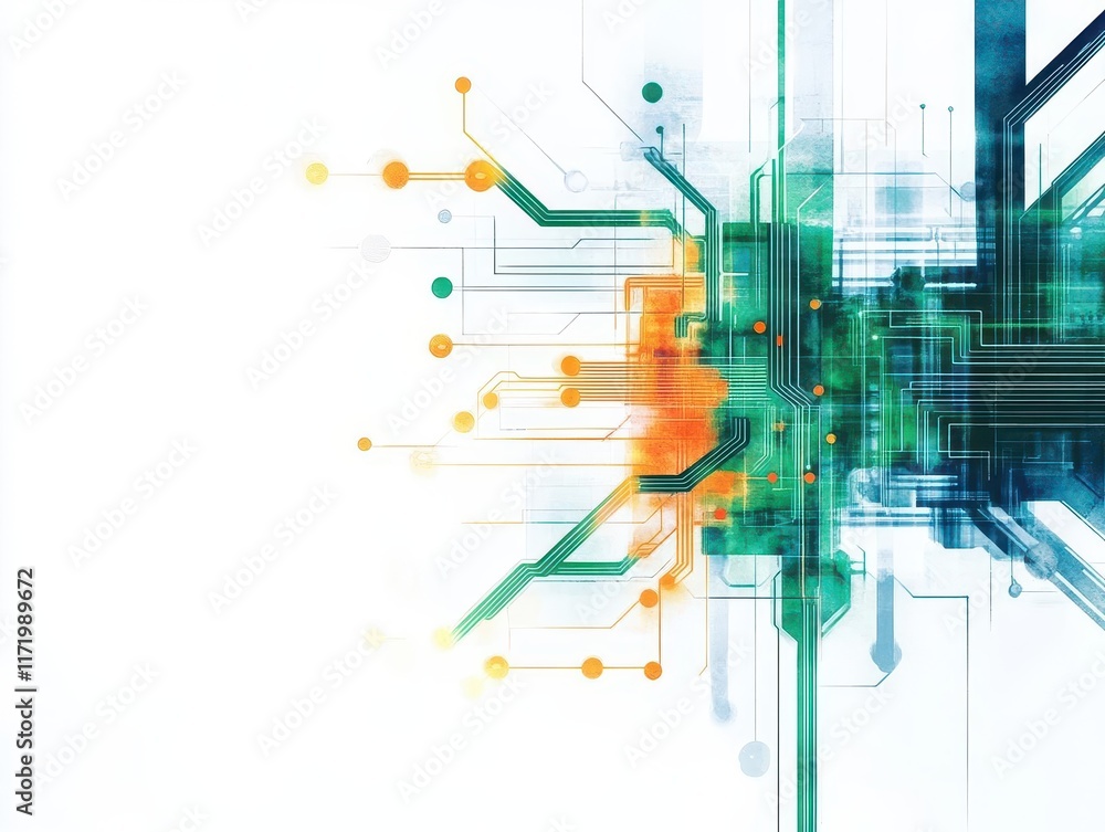 Poster A bustling data center with watercolor circuits connecting in flowing arcs of green and orange, evoking systematic energy