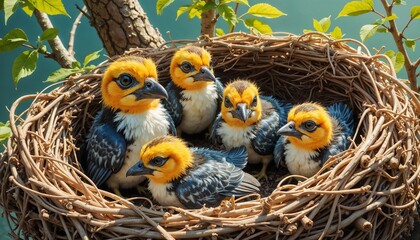 Family of baby birds with yellow heads sitting together in a nest surrounded by green leaves