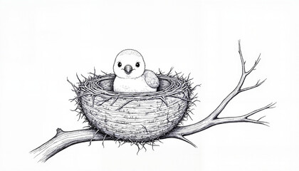 Black and white sketch of a baby bird in a nest on a branch with minimalist design