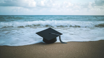 graduation cap rests on sandy beach, with gentle waves lapping at shore, symbolizing achievement and new beginnings in serene coastal setting