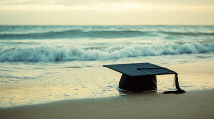 graduation cap resting on beach, with gentle waves in background, symbolizes achievement and new beginnings. serene ocean setting enhances moment significance