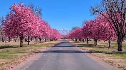 Obraz premium Pink blossom trees line a road leading to snow-capped mountains under a clear blue sky.
