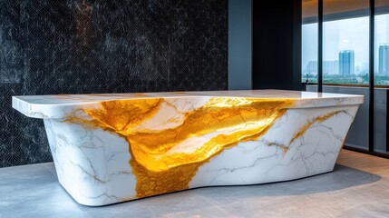 An exquisite combination of white marble and gold veining creates a luxurious and sophisticated appearance, contrasting beautifully against a black patterned background wall