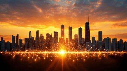 Fototapeta premium A stunning city skyline is silhouetted against a vibrant sunset background, with a network of glowing data connections overlaying the buildings, symbolizing the intersection of technology, internet