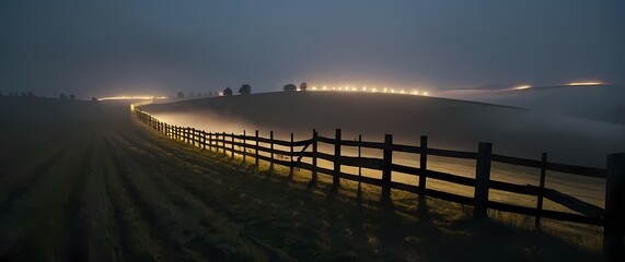 Fototapeta premium Rustic fencing encircling wide open farming landscapes with traditional charm