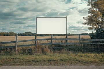 Obraz premium Blank Billboard Stands Beside Rustic Wooden Fence In Field