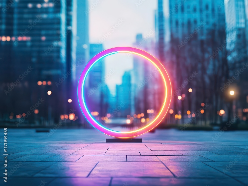 Poster vibrant neon circle illuminating urban ground in front of a modern cityscape at night creating a fut