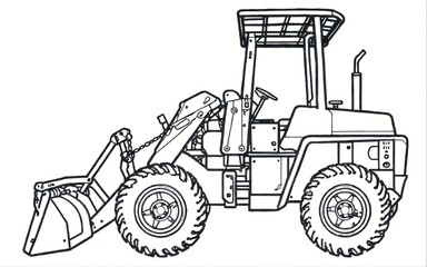 Fototapeta premium Coloring page with the image of a modern tractor with large wheels, designed for agricultural and construction work.