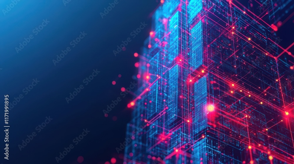 Poster A holographic skyscraper filled with glowing nodes representing realtime business operations, abstract, sharp neon lines, 3D digital art