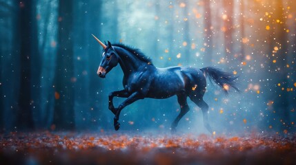 Obraz premium A majestic unicorn gallops through a starlit forest, captured in a high angle shot to enhance the fantasy vibe