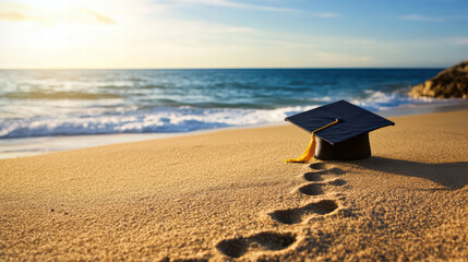 graduation cap on sunny beach with footprints in sand evokes sense of achievement and celebration. serene ocean waves and golden light enhance joyful atmosphere