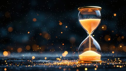A mesmerizing image is created with an hourglass standing against a dark background, its glowing sand sparkling and shifting gracefully from one chamber to the other