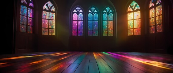 Stained glass windows casting colorful light patterns across wooden floors