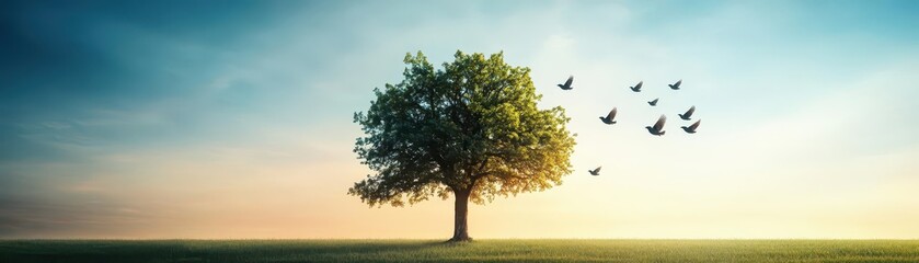 Obraz premium A mighty oak tree, its leaves turning into birds and flying away, the story of lifes transformations