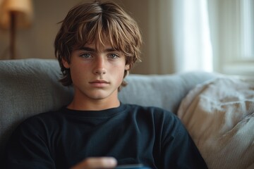 Obraz premium Young Man Operating Smartphone on Couch in Modern Lifestyle Scene