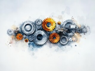 A mining rig in action with gears turning, painted in delicate yet vivid watercolor textures of silver and gold